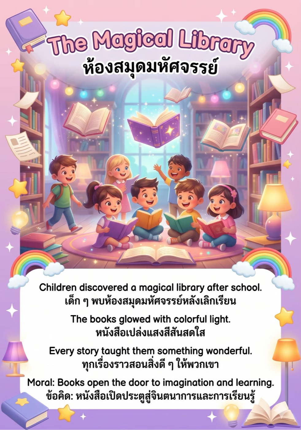 เรื่องห้องสมุดมหัศจรรย์ มีเด็กๆ กำลังอ่านหนังสือและมีข้อคิดเกี่ยวกับการเรียนรู้
