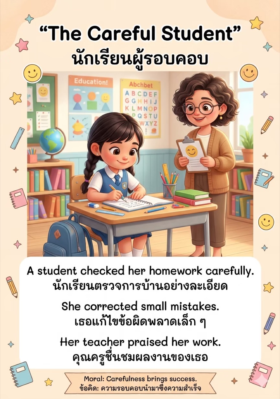 นักเรียนหญิงกำลังนั่งทำการบ้านที่โต๊ะเรียน